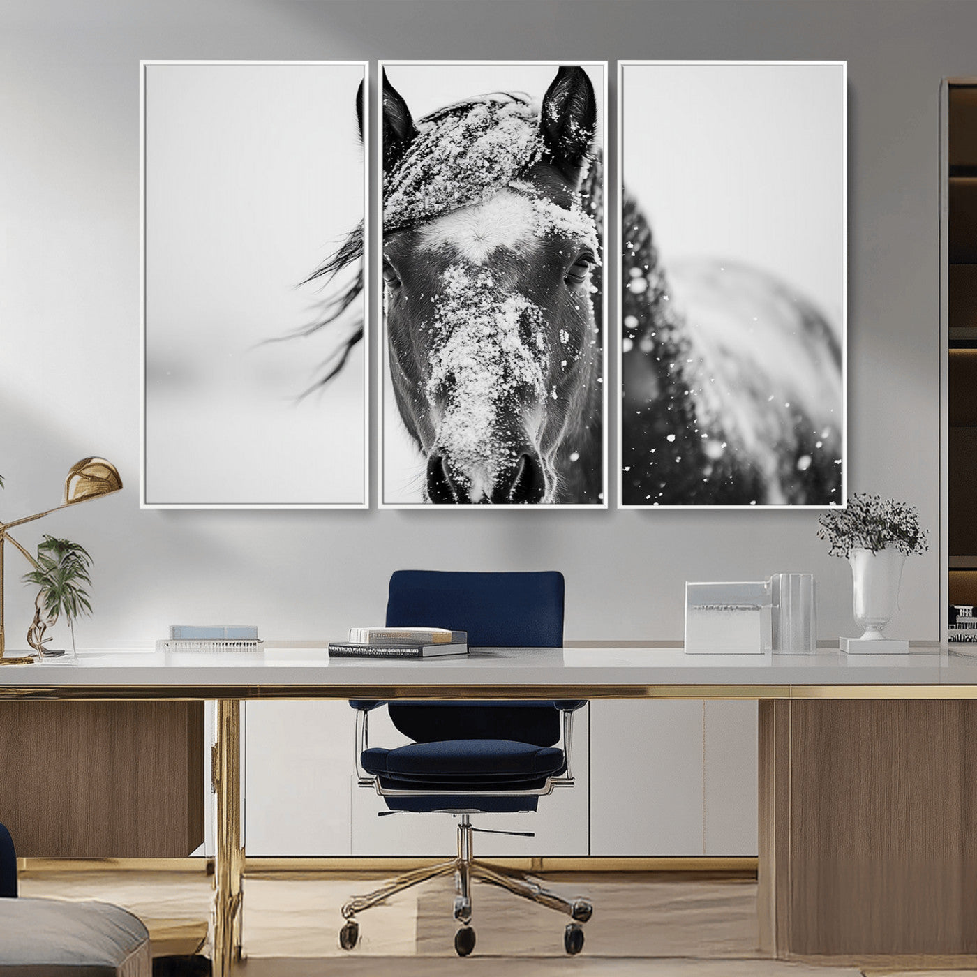 MGV-FC-48X32-3P - Western Wall Art | Black and White Winter Horse Wall Art | Ready to Hang and Framed | Farmhouse and
