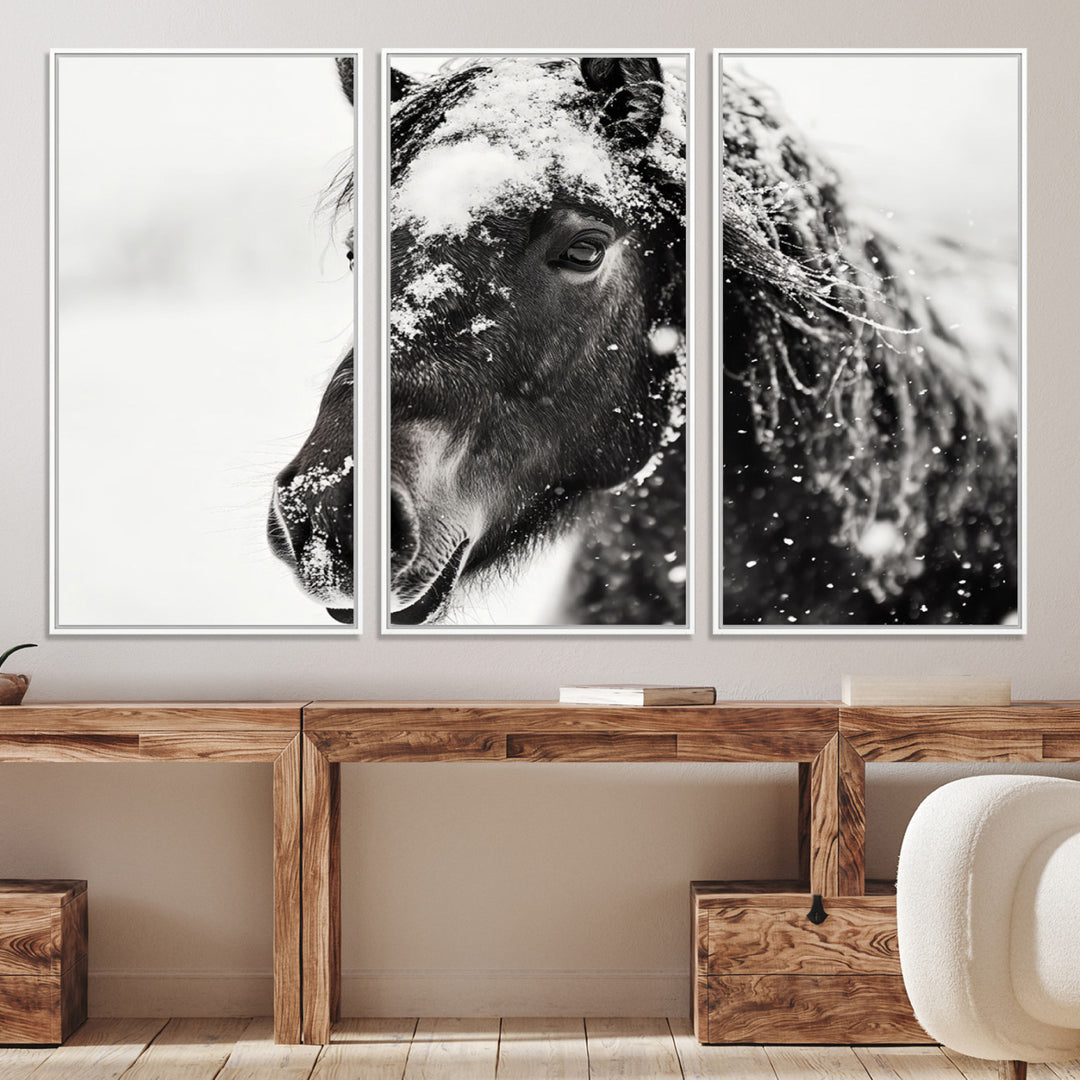 The wall art is a Black and White Horse piece, framed and ready to hang.