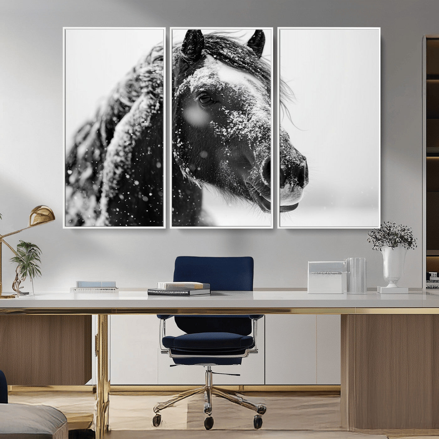 MGV-FC-48X32-3P - Winter Horse Canvas Print | Large 3-Panel Black White Equine Photography for Rustic Farmhouse Wall