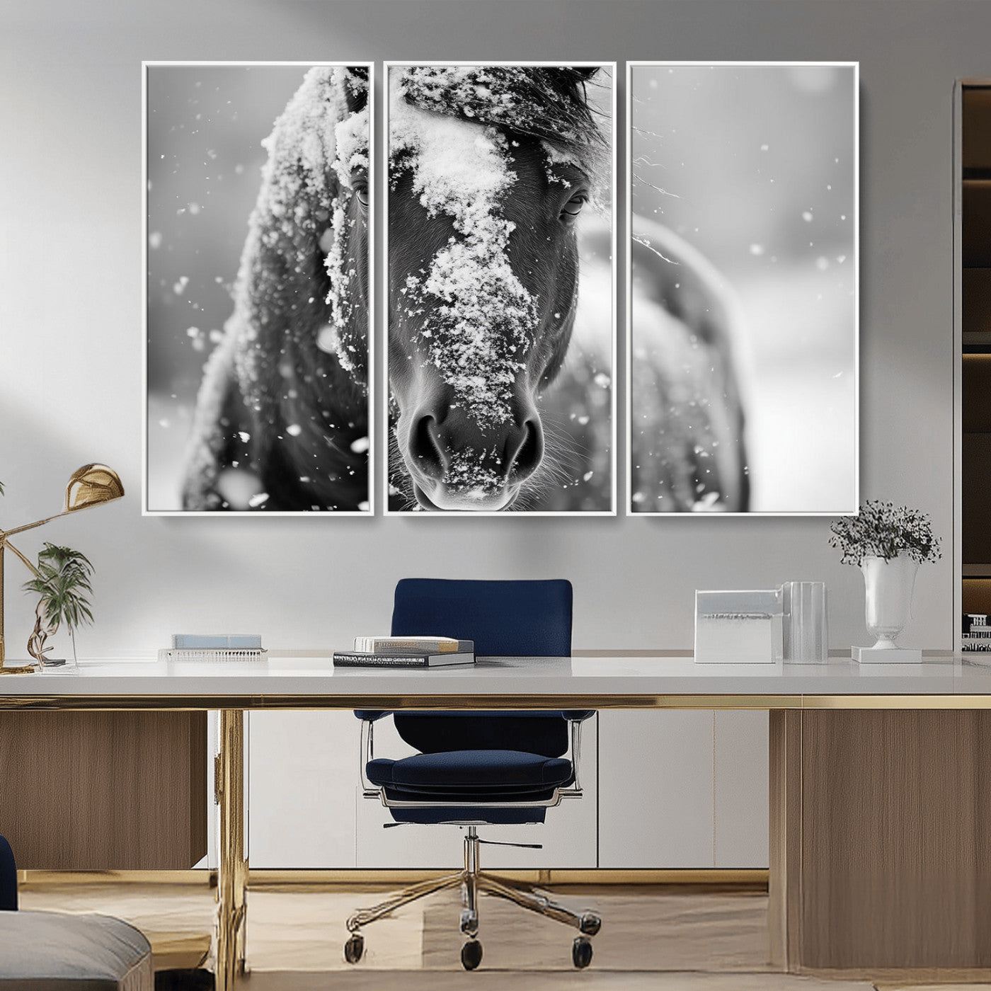 MGV-FC-48X32-3P - Black and White Horse Winter Wall Art | Ready to Hang and Framed | Farmhouse Wall Decor | Western