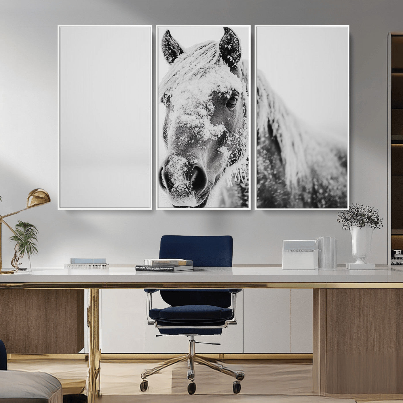 MGV-FC-48X32-3P - White Horse Wall Art | Ready to Hang and Framed | Winter Horse Wall Art Print for Farmhouse and