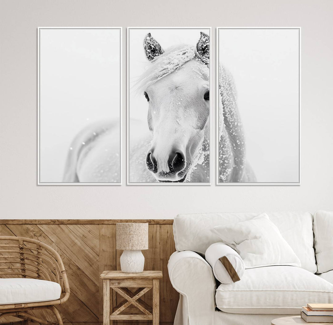 The dining room features the Majestic White Horse Wall Art, adding to its rustic charm.