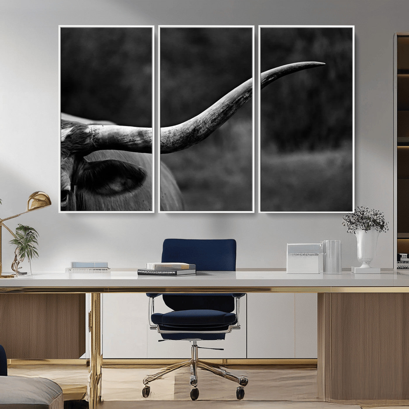 MGV-FC-48X32-3P - Cow Longhorn Wall Art | Black and White Print | Ready to Hang and Framed | Farmhouse Wall Decor |