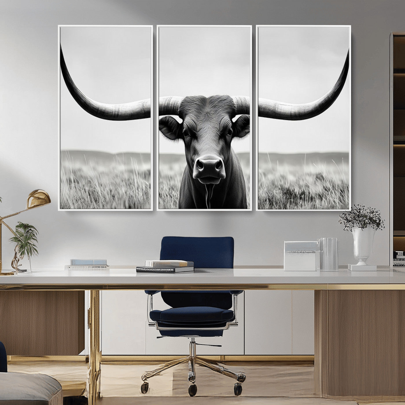 -Longhorn Bull Canvas Print | Rustic Farmhouse Wall Art | Western Decor | Ready to Hang and Framed