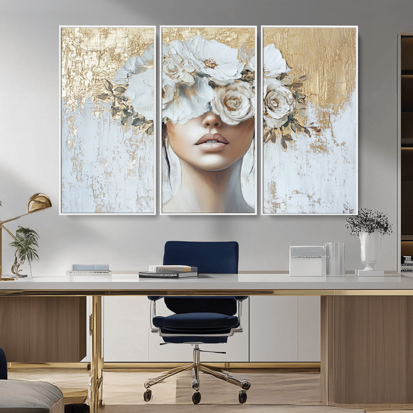 MGV-FC-48X32-3P - Golden Petal Wall Art - Canvas Print Flower Head Woman Painting Floral Woman Portrait Wall Decor,