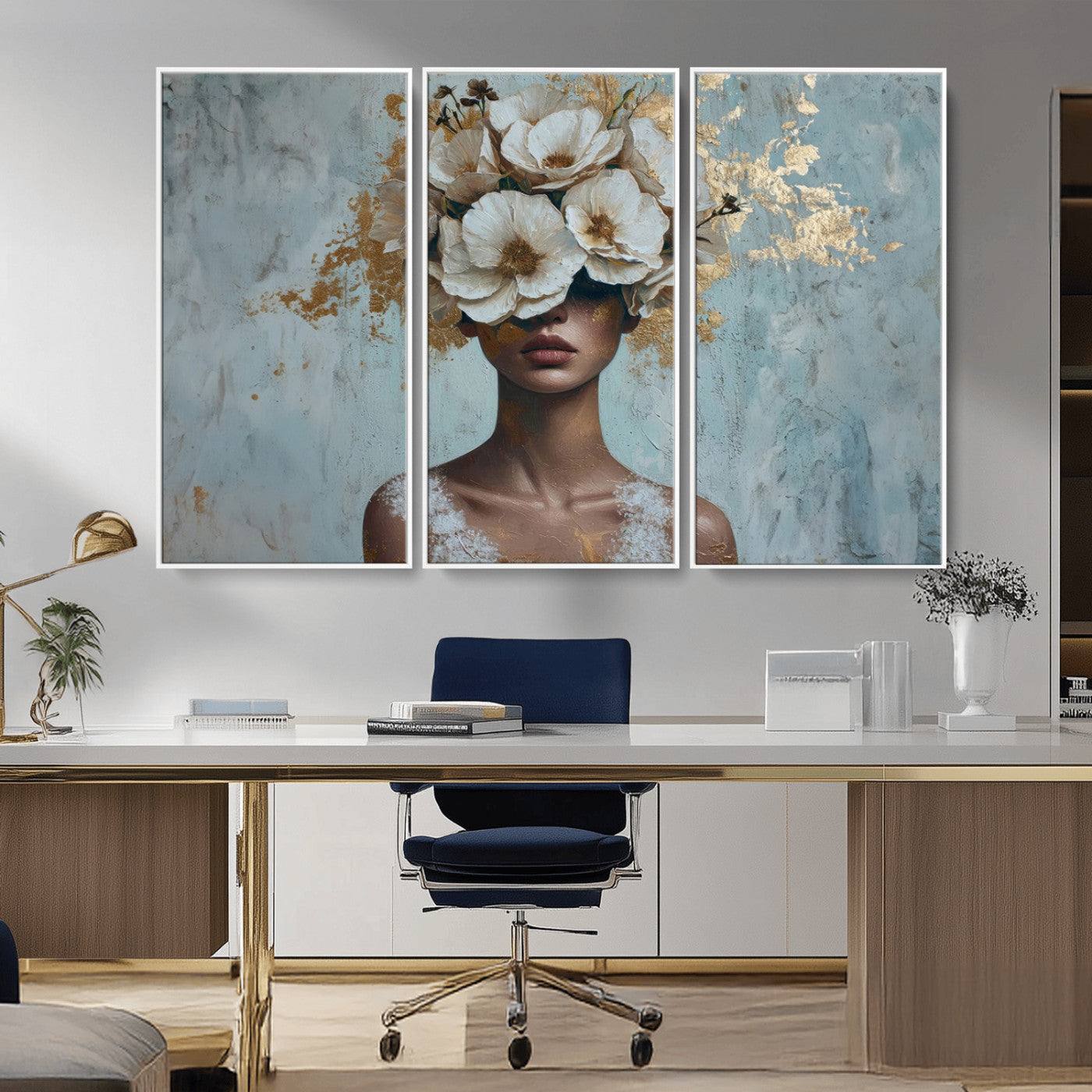 MGV-FC-48X32-3P - Golden Petal Wall Art - Petal Silhouette Woman Wall Art Canvas Print | Large 3-Panel Canvas with