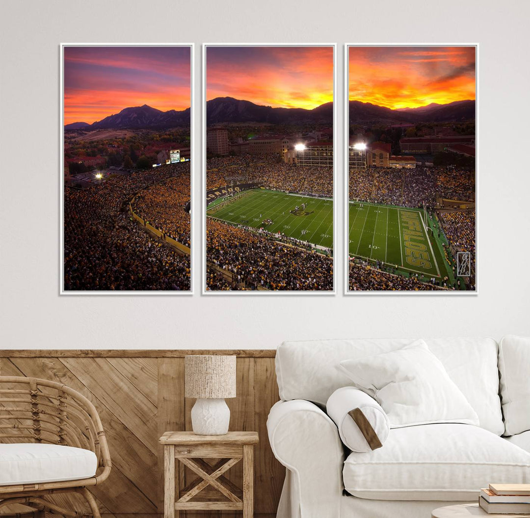 A vibrant mountain sunset at Folsom Field, home of the University of Colorado Football team, is captured in this stunning wall art canvas print.