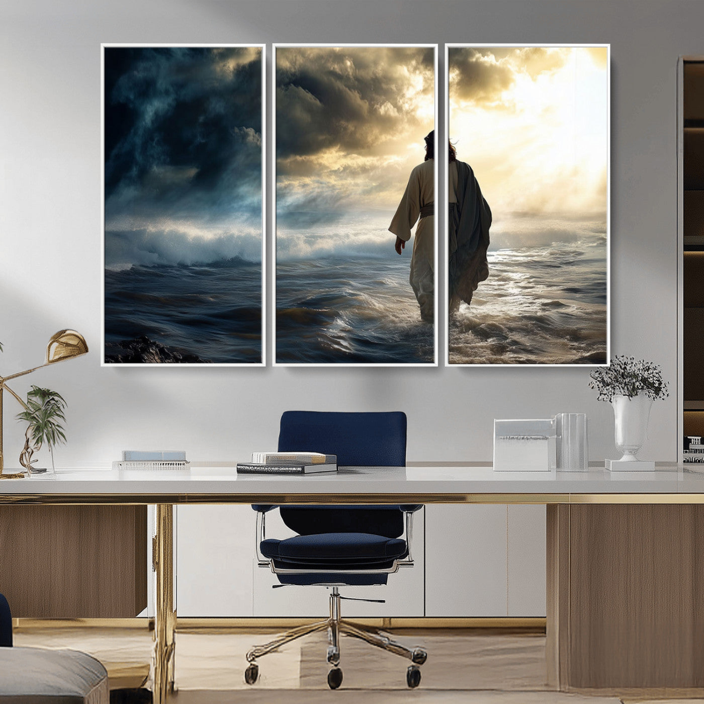 MGV-FC-48X32-3P - Jesus Walking on Water Wall Art | Canvas Print | Ready to Hang | Christian Home Decor | Spiritual