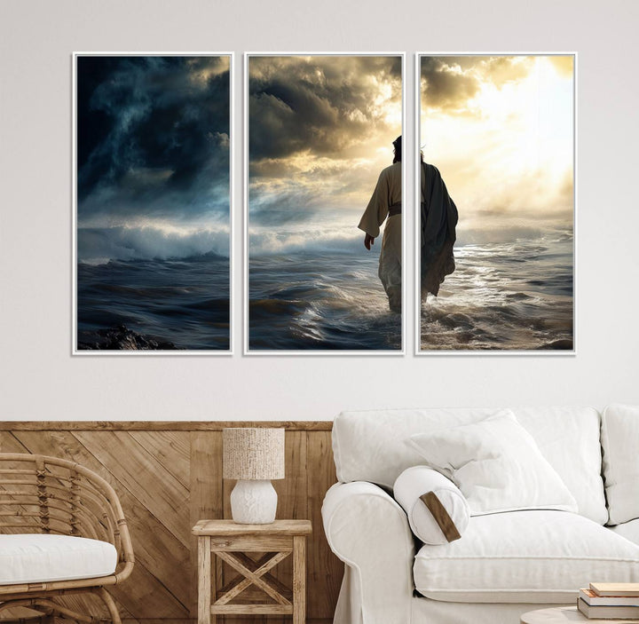 A dramatic sky serves as the backdrop for the Jesus Walking on Water wall art, a perfect piece for Christian home decor.