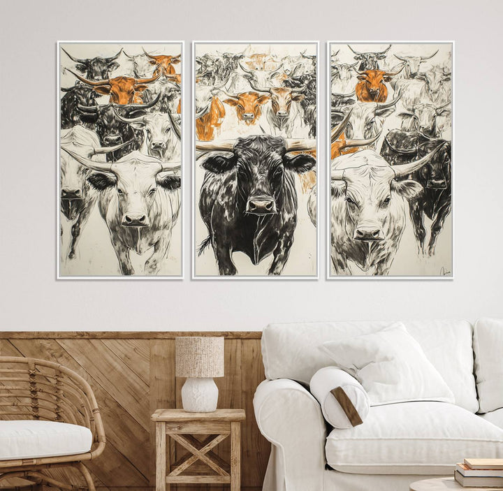 Texas Longhorn Wall Art canvas features cattle artwork with an abstract design, perfect for farmhouse decor on a porch.