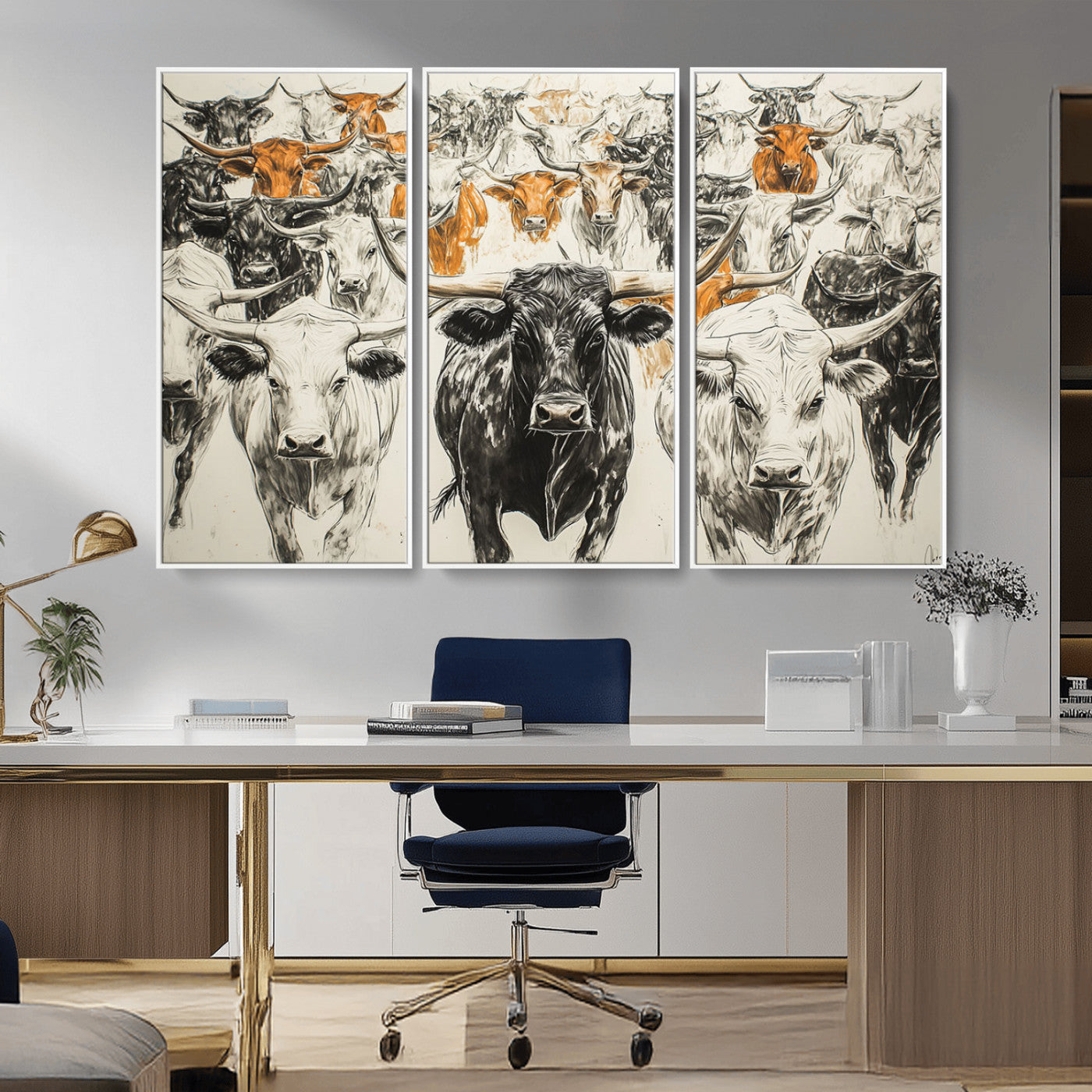 MGV-FC-48X32-3P - Farmhouse Wall Art | Western Longhorn Cattle Canvas Print | Ready to Hang and Framed Barn Decor
