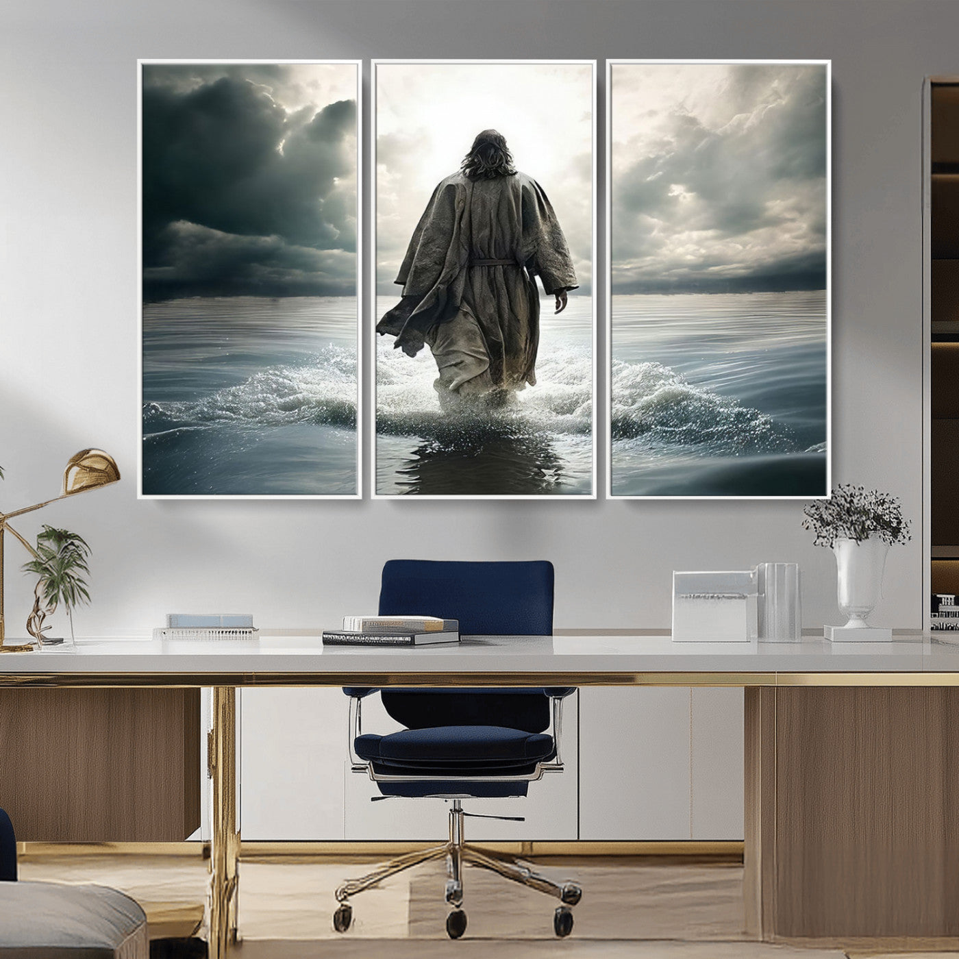MGV-FC-48X32-3P - Jesus Walking on Water Wall Art | Canvas Print | Ready to Hang | Christian Home Decor | Spiritual