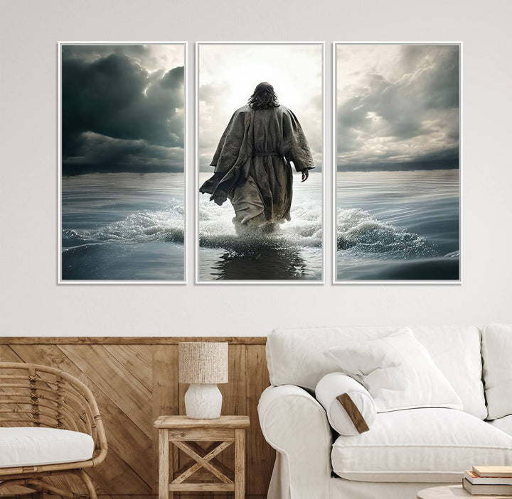 A canvas wall art depicting a figure walking on water beneath dramatic clouds, designed as inspirational religious imagery and ready to hang.