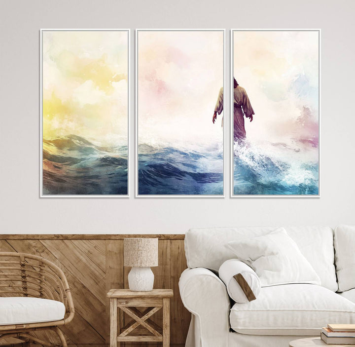 A robed figure strides on water in gentle waves, evoking the Watercolor Jesus Walking on Water canvas art.