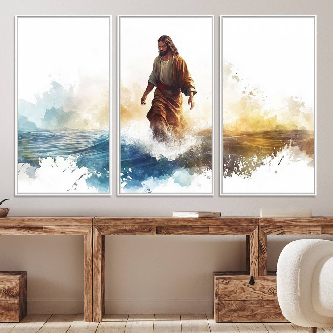 This watercolor canvas print depicts Jesus walking, characterized by abstract splashes against a serene background. It serves as a beautiful piece of Christian wall art.