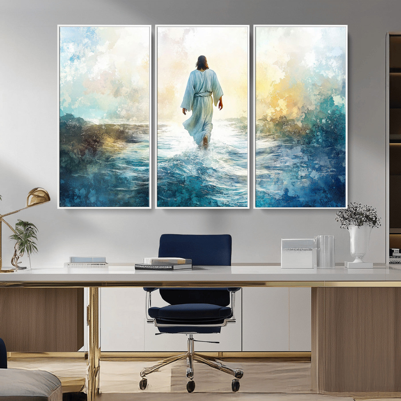 MGV-FC-48X32-3P - Watercolor Jesus Walking on Water Canvas Print, Christian Wall Art, Jesus Christ Walking