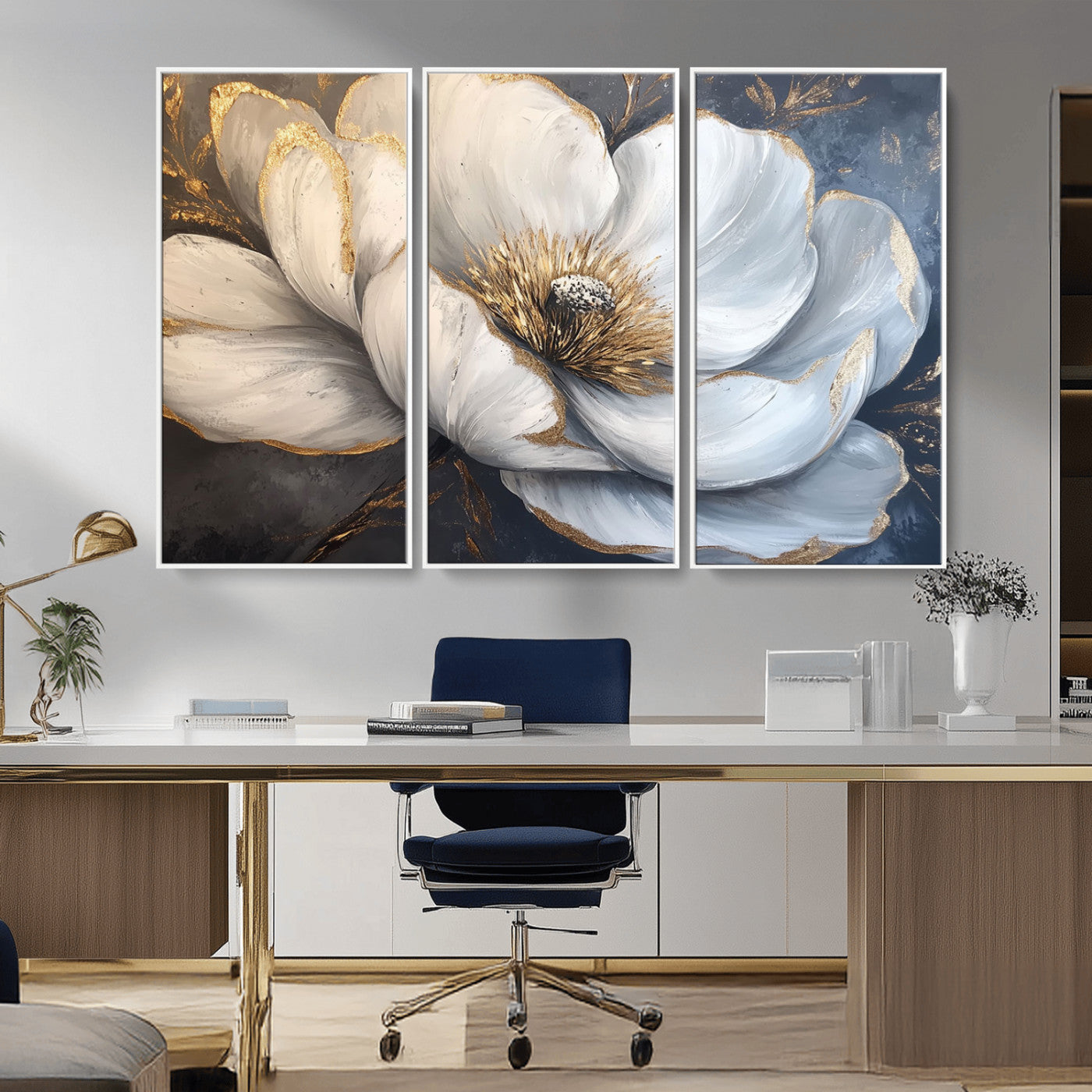 MGV-FC-48X32-3P - White Magnolia Flower Wall Art Canvas Print | Abstract Floral Wall Decor | Elegant Bloom Artwork |