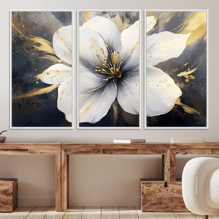 White Flower Wall Art | Canvas Print | Ready to Hang | Abstract Floral Wall Decor | Elegant Bloom Artwork | Framed for Living Room or Bedroom