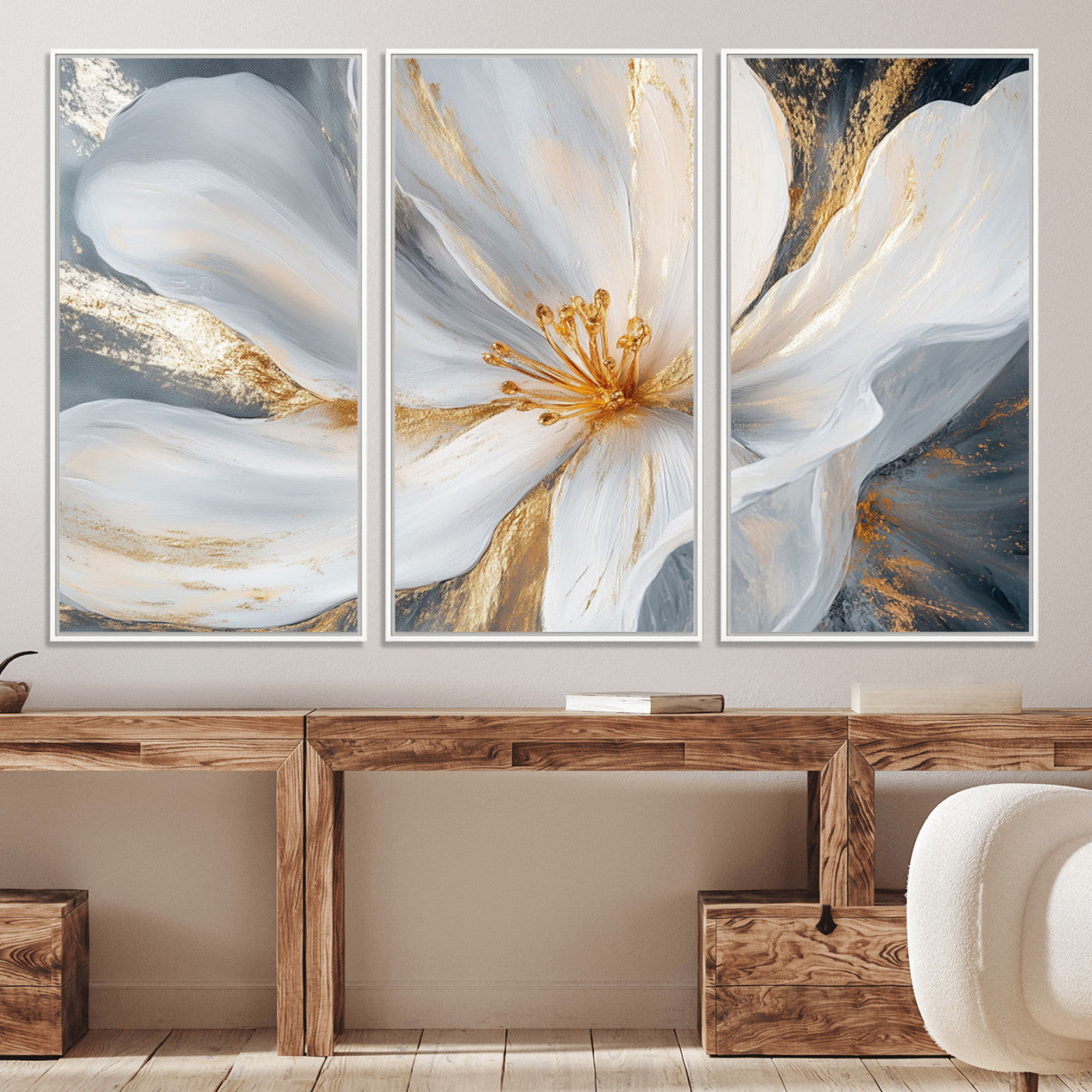 83149-MGV-CV-36X24-White and Gold Floral Canvas Wall Art - Framed and Ready to Hang - Perfect for Modern Living Rooms