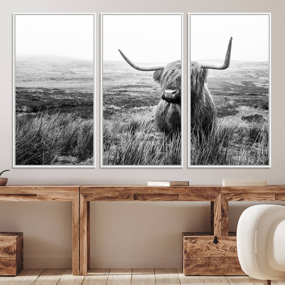 Scottish Highland Cow Wall Art | Black and White Canvas Print | Ready to Hang and Framed | Rustic Farmhouse Wall Decor for Living Room or