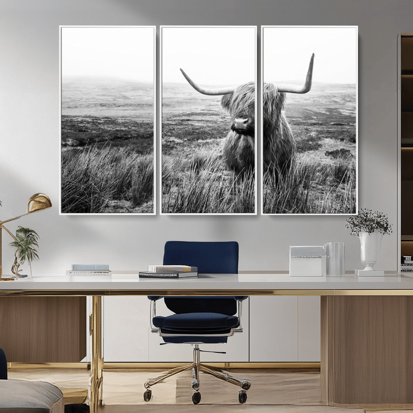 MGV-FC-48X32-3P - Scottish Highland Cow Wall Art | Black and White Canvas Print | Ready to Hang and Framed | Rustic