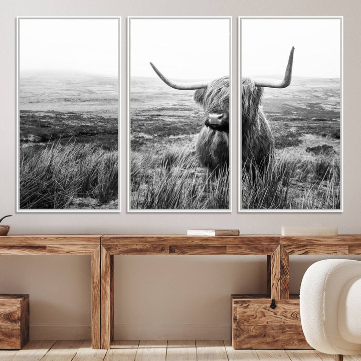 Scottish Highland Cow Wall Art | Black and White Canvas Print | Ready to Hang and Framed | Rustic Farmhouse Wall Decor for Living Room or