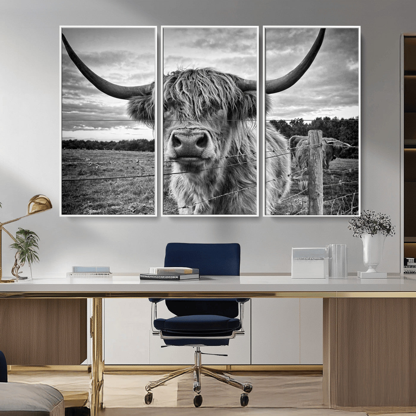 MGV-FC-48X32-3P - Scottish Highland Cow Wall Art Canvas Print | Ready to Hang and Framed | Rustic Farmhouse Decor