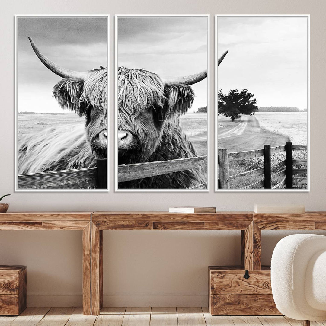Scottish Highland Cow Wall Art | Rustic Farmhouse Décor | Black and White Ready to Hang Canvas Print