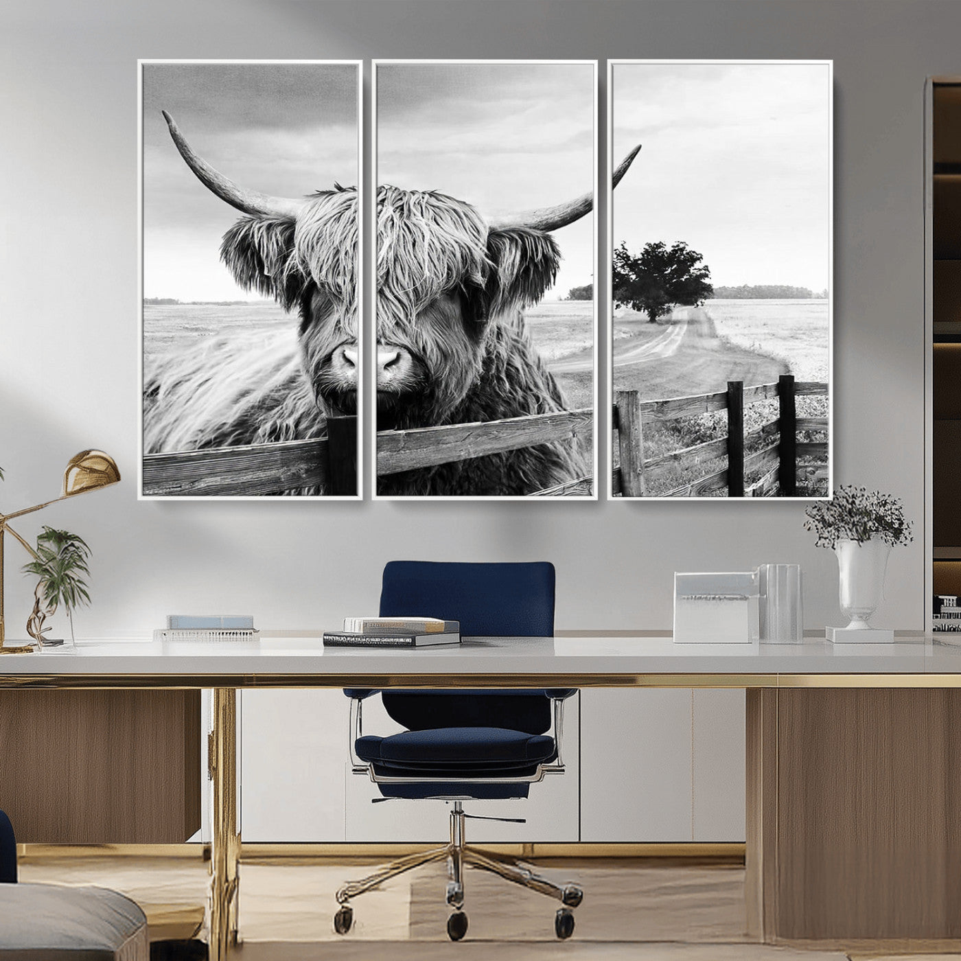 MGV-FC-48X32-3P - Scottish Highland Cow Wall Art | Rustic Farmhouse Décor | Black and White Ready to Hang Canvas Print