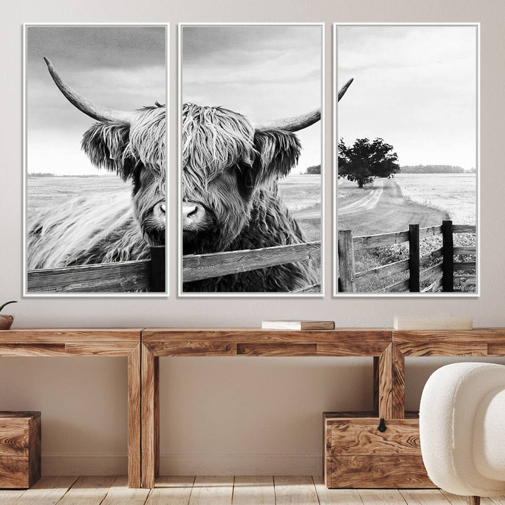 Scottish Highland Cow Wall Art | Rustic Farmhouse Décor | Black and White Ready to Hang Canvas Print