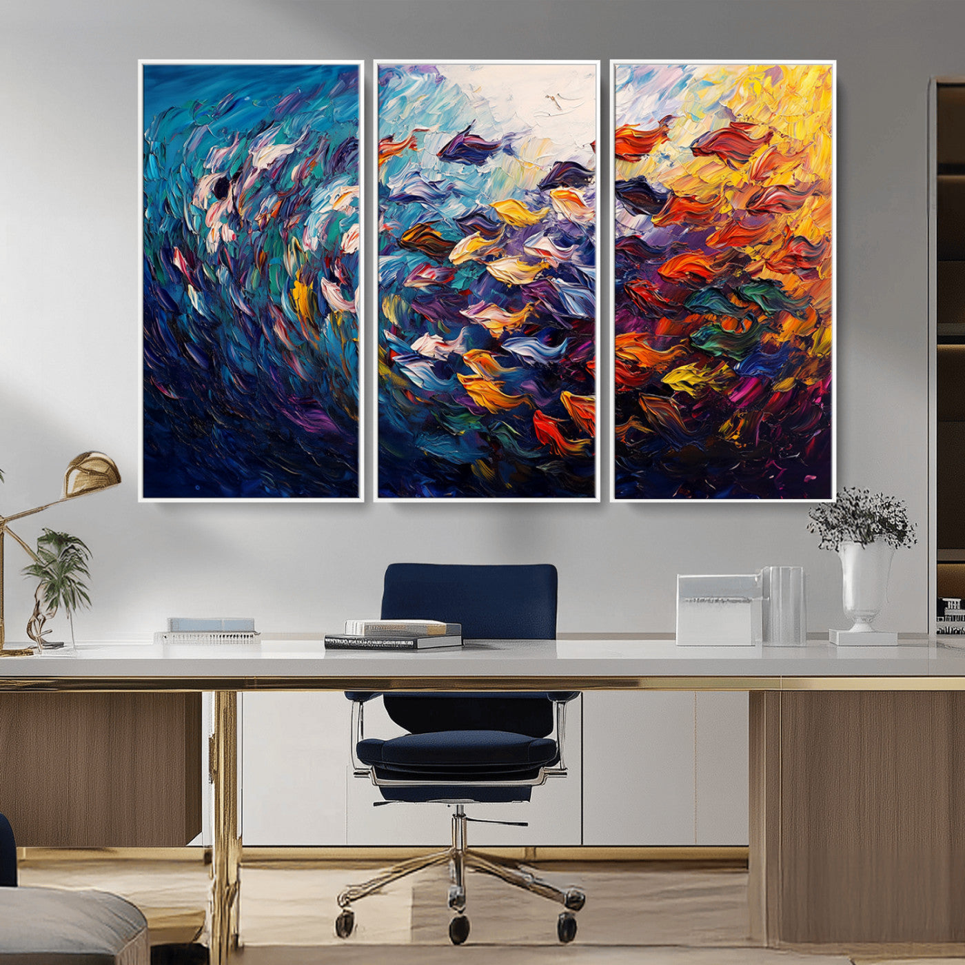 MGV-FC-48X32-3P - Vibrant Abstract Fish Swarm Art – Colorful Fish Inspired 3-Piece Canvas Wall Art for Living Room or