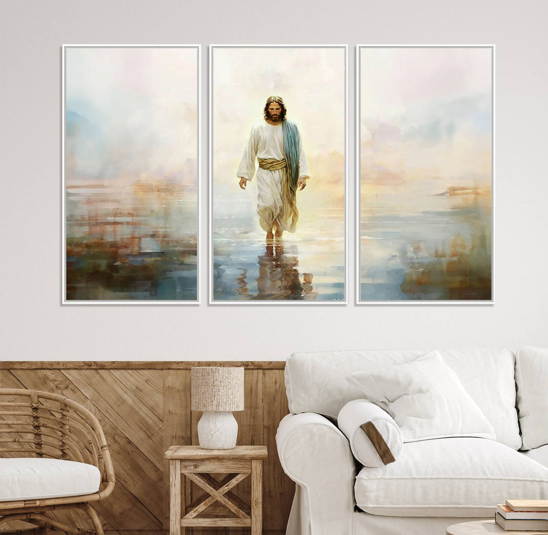 The 3-panel Framed Jesus Walking on Water Wall Art showcases a serene religious scene.