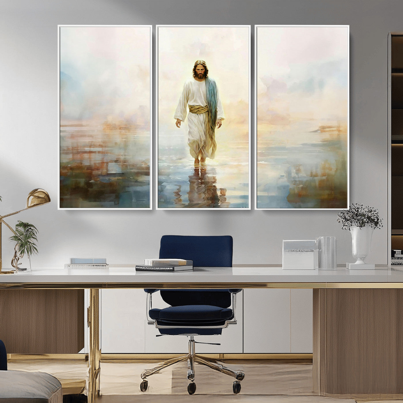 MGV-FC-48X32-3P - Framed Jesus Walking on Water Wall Art - 3-Panel Christian Canvas Prints, Religious Artwork for