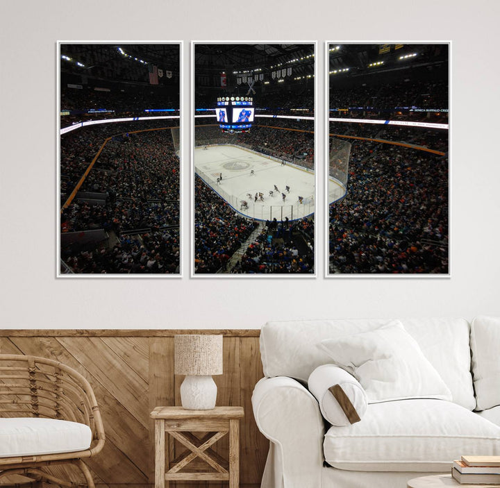 The wall art captures the essence of a Buffalo Sabres game on ice at KeyBank Center, making it deserving of a premium canvas print.