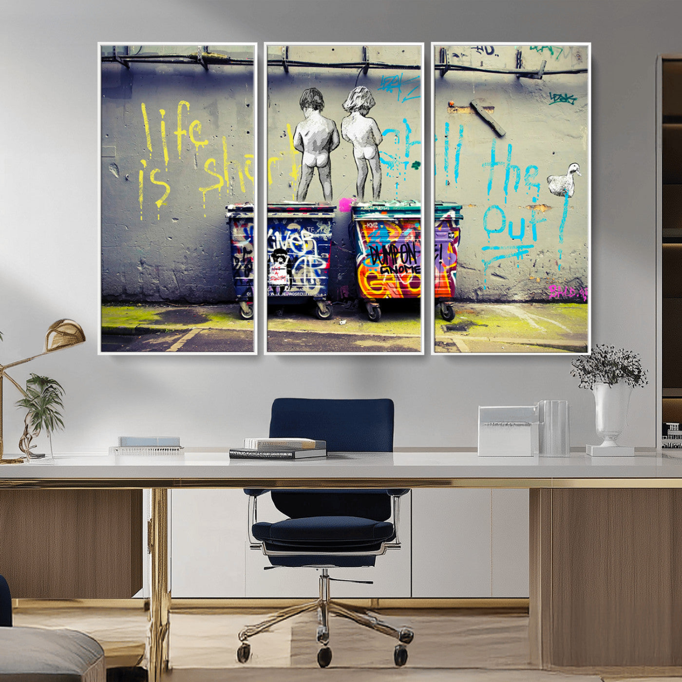 MGV-FC-48X32-3P - Banksy Life is Short Wall Art - Iconic Graffiti Art on Framed Ready-to-Hang Canvas - Street Art