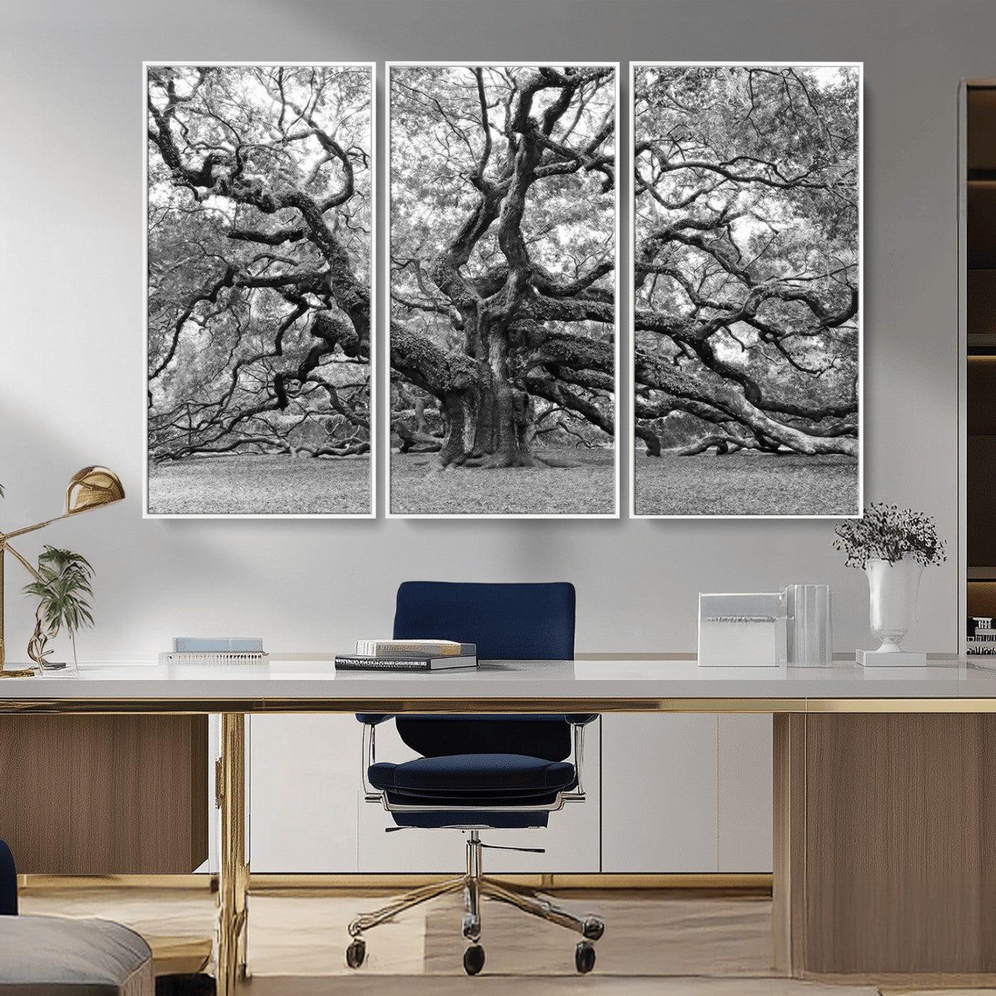 MGV-FC-48X32-3P - Black White Angel Oak Tree Wall Art - Timeless Nature-Inspired Canvas for Rustic, Modern, or