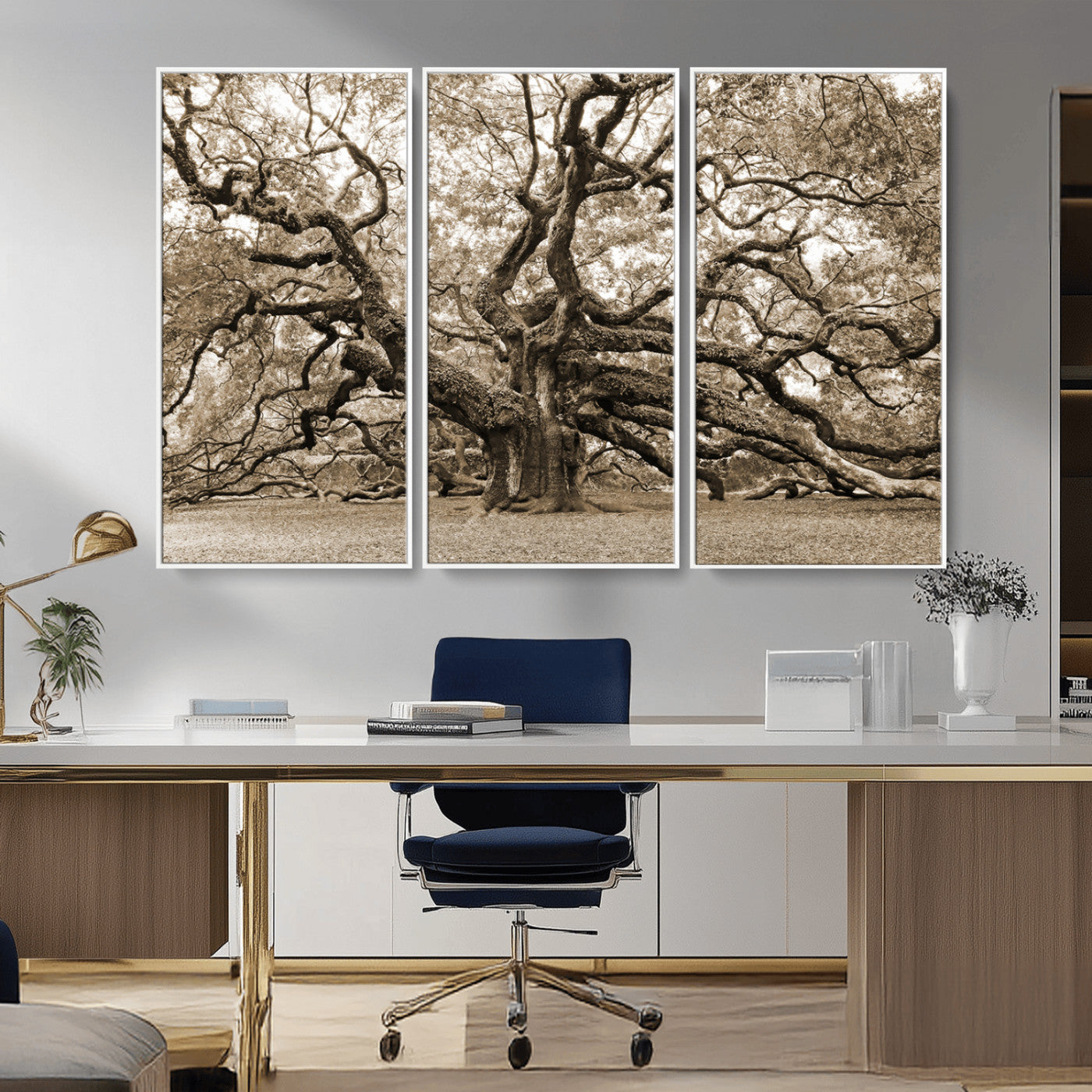 51126-MGV-CV-36X24-Sepia Framed Angel Oak Tree Wall Art - 3-Panel Canvas Prints, Large Green Nature Artwork, Ready to