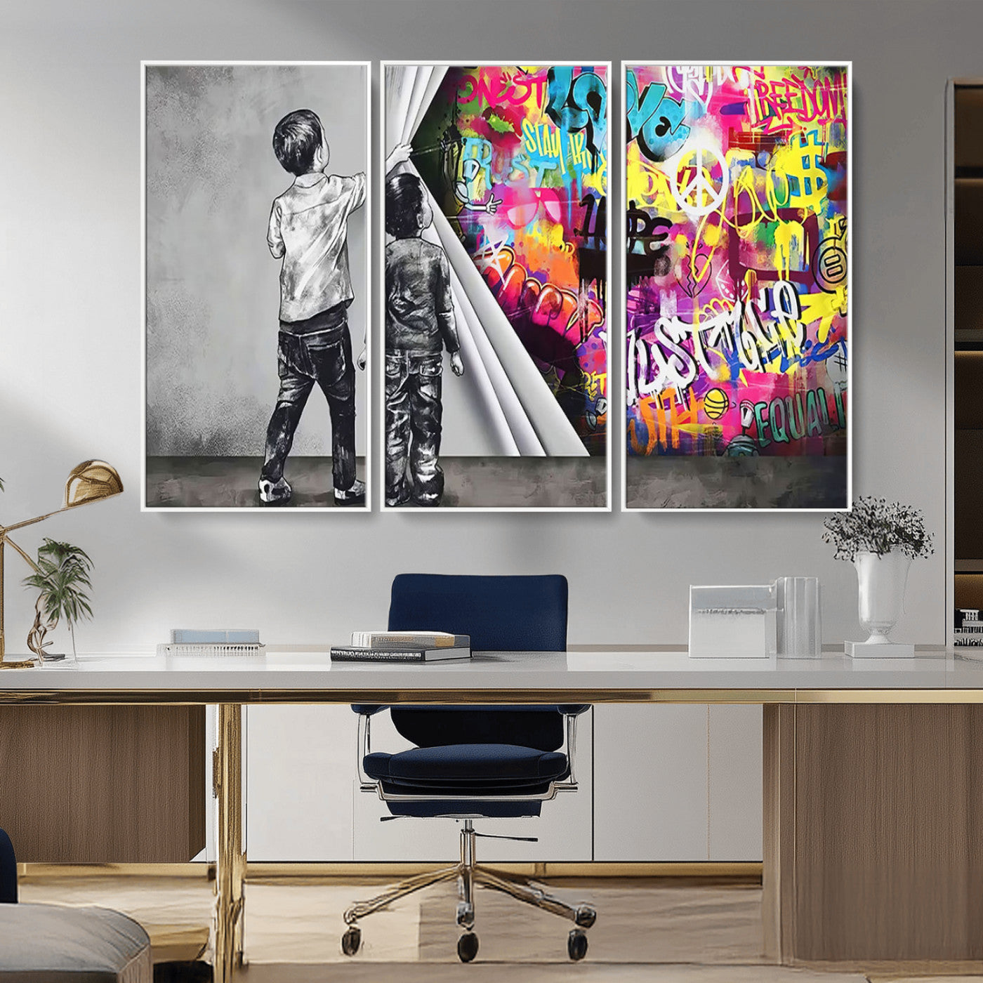 MGV-FC-48X32-3P - Banksy Print - Street Art Canvas Wall Art - Kids Revealing Graffiti, Urban Modern Decor for Living