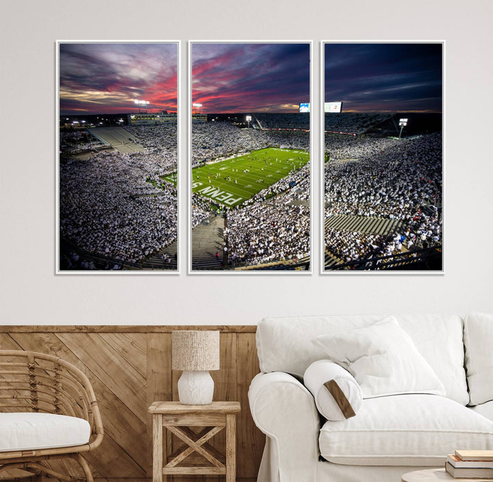 A sunset print on a canvas wall art piece captures the scene of white-clad fans at Beaver Stadium for the Nittany Lions game.