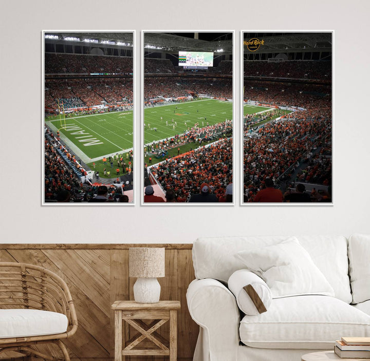 Aerial view of a Miami Hurricanes game at Hard Rock Stadium captured on canvas print, showcasing the teams on the field and fans in the stands.