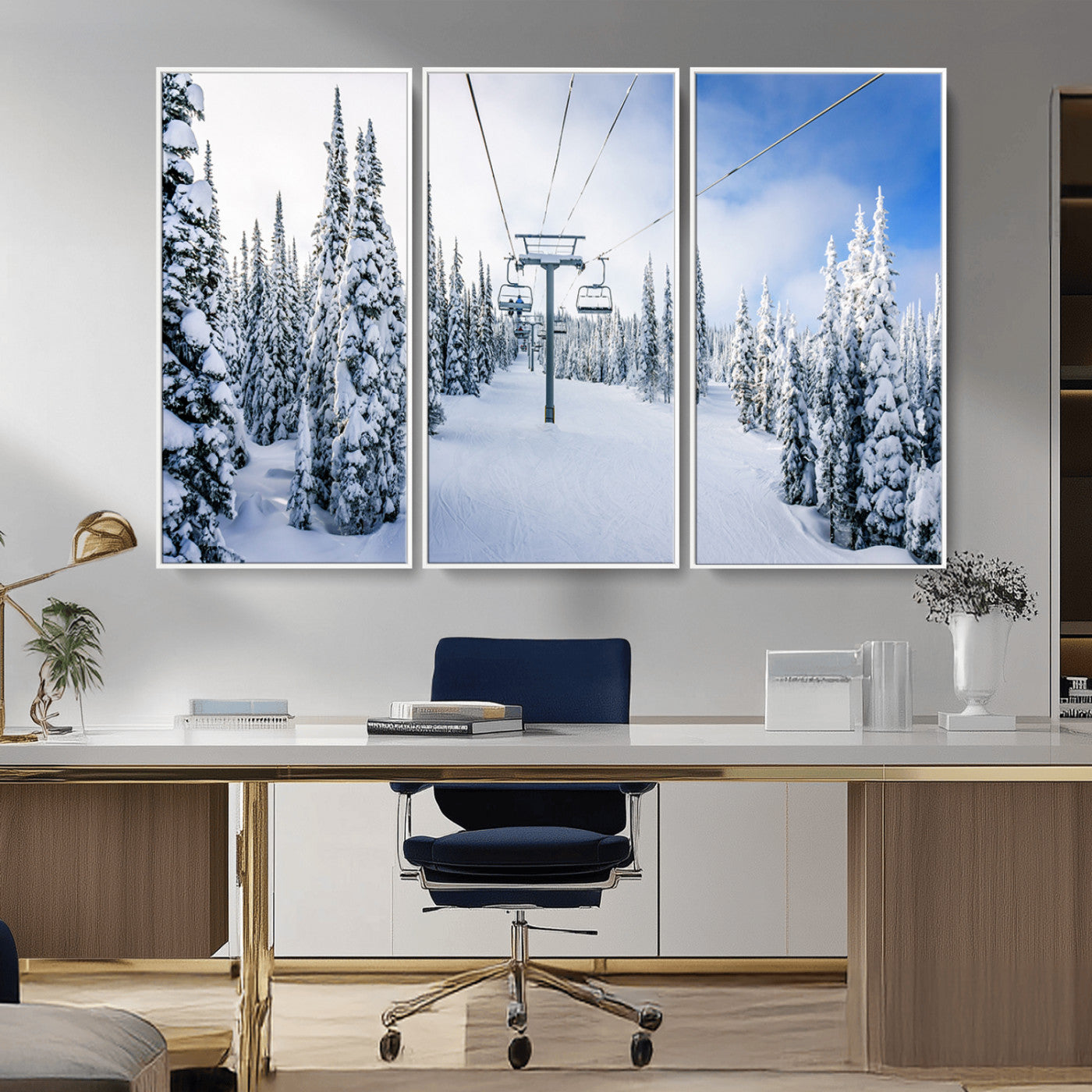 MGV-FC-48X32-3P - Winter Ski Lift Wall Art Print - Landscape Wall Art | Snowy Mountain Adventure | Perfect for Cabin