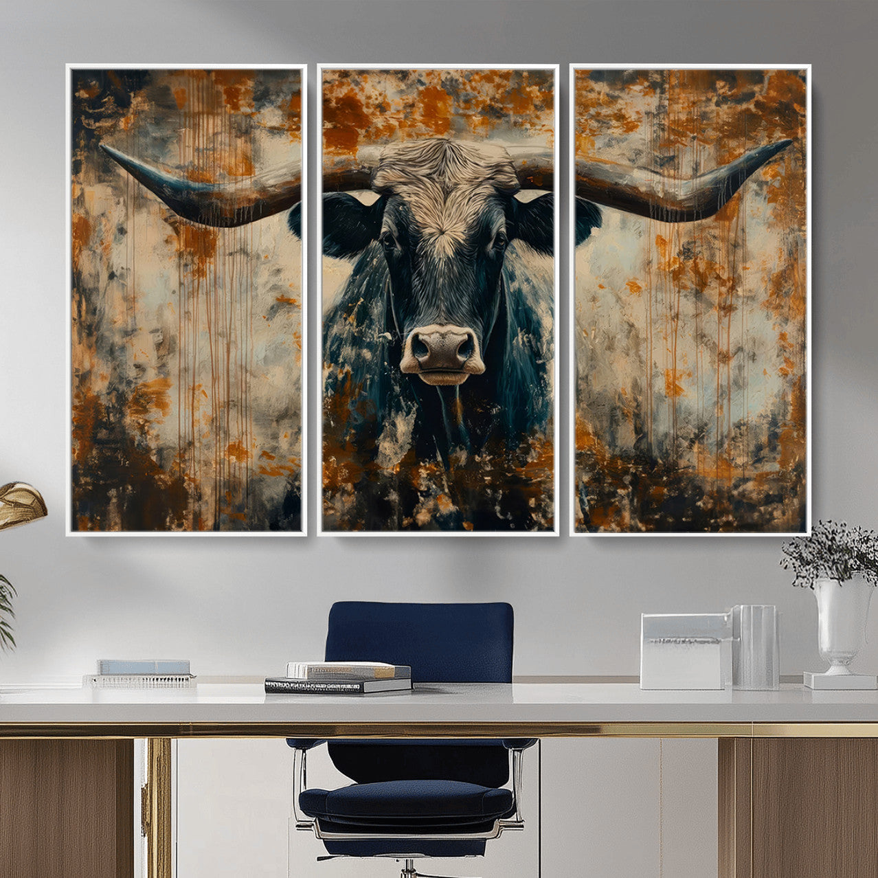 85913-MGV-CV-36X24 - Abstract Longhorn Bull Wall Art | Rustic Western Wall Decor | Framed and Ready to Hang | Ideal for
