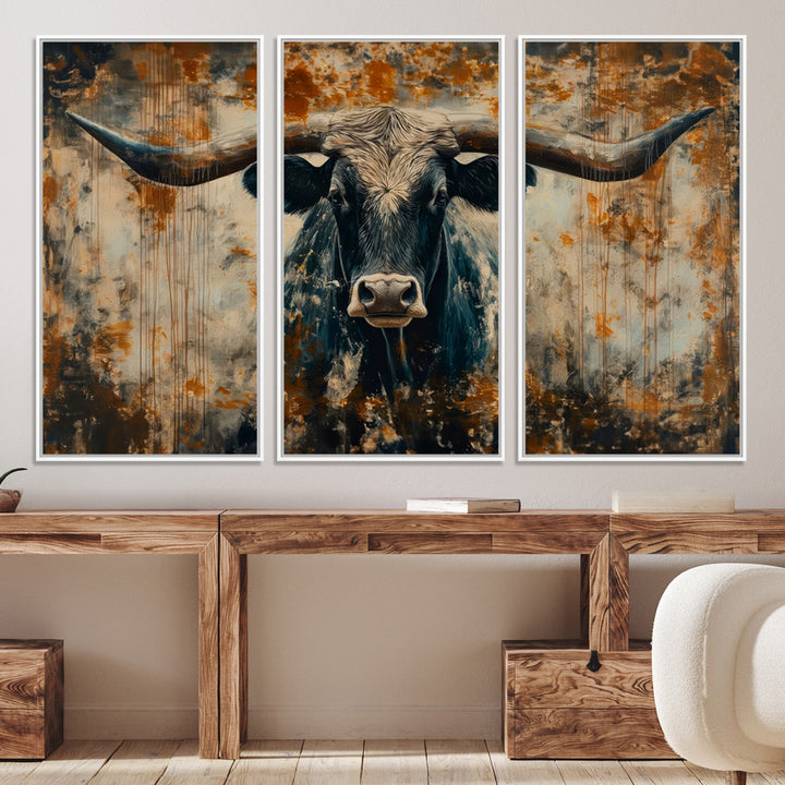 Abstract Longhorn Bull Wall Art | Rustic Western Wall Decor | Framed and Ready to Hang | Ideal for Farmhouse, Lodge, and Barn Decor