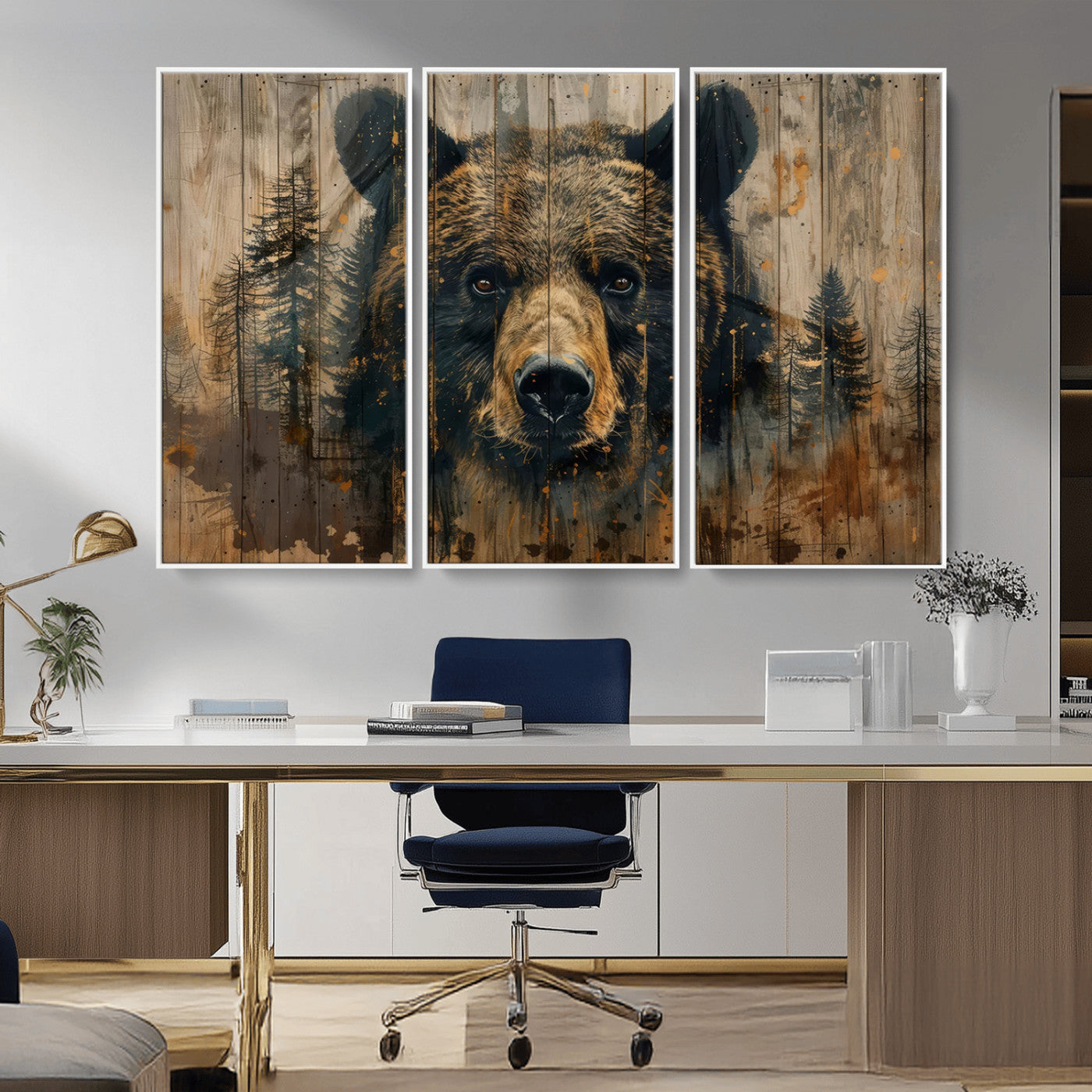MGV-FC-48X32-3P - Abstract 399 Bear Wall Art | Rustic Cabin Wall Decor with Forest Design | Framed and Ready to Hang |