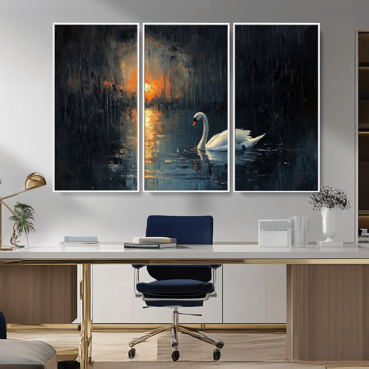 MGV-FC-48X32-3P - Abstract Swan on Water Wall Art Canvas Print - Elegant Nature Scene for Modern Home Decor