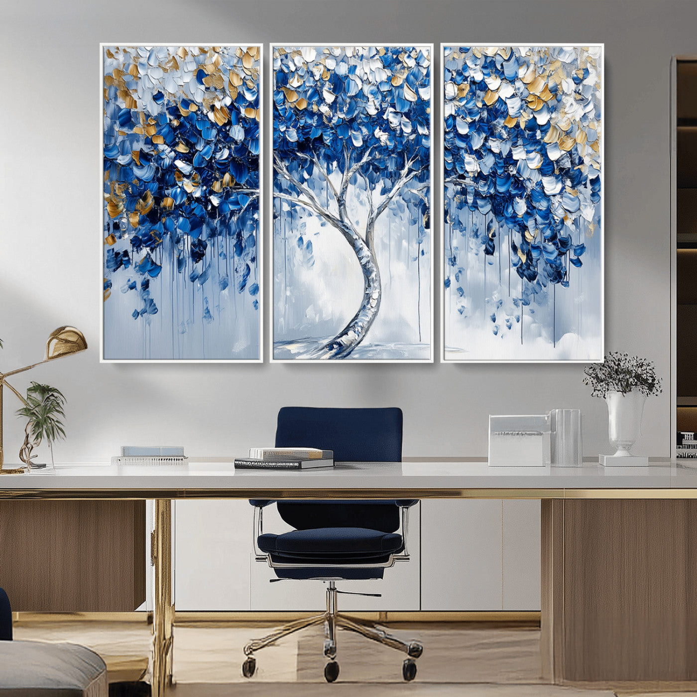 MGV-FC-48X32-3P - Blue and Gold Abstract Tree Wall Art Canvas Print | Modern Tree of Life Painting | Framed Canvas