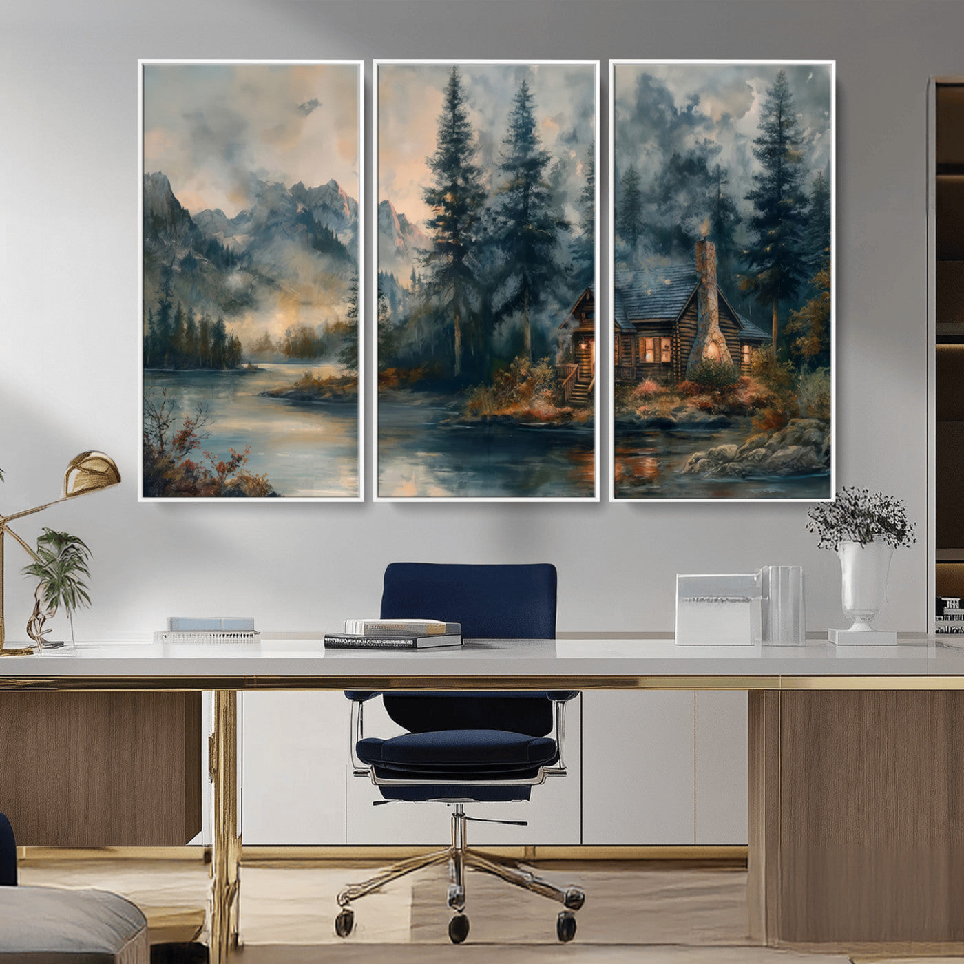 MGV-FC-48X32-3P - Rustic Cabin Woods Wall Art Print | Lake in a Forest Canvas Print | Cabin, Lodge, and Farmhouse