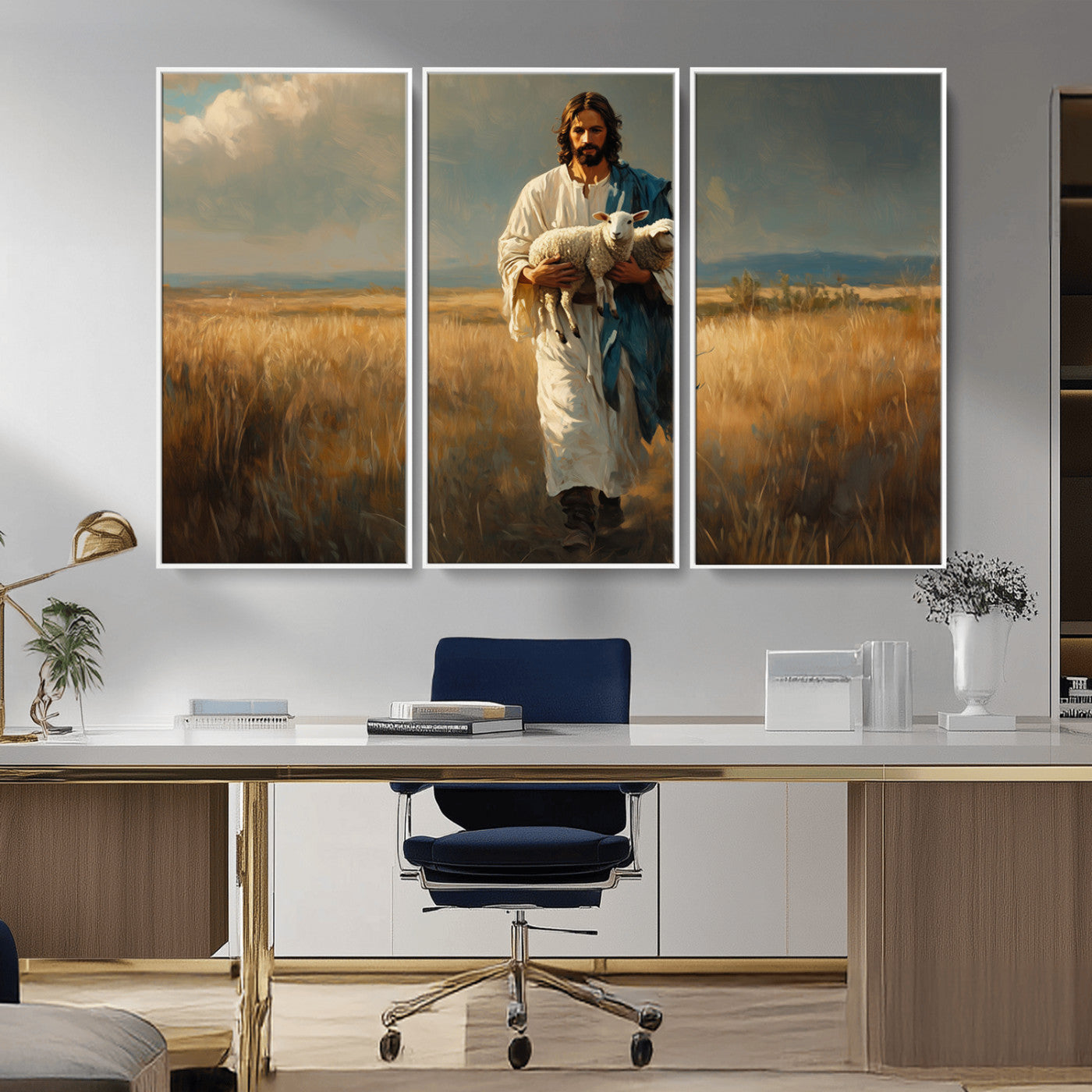 MGV-FC-48X32-3P - Jesus Shepherd Wall Art | Ready to Hang Triptych Canvas of Jesus Holding a Lamb in a Field |