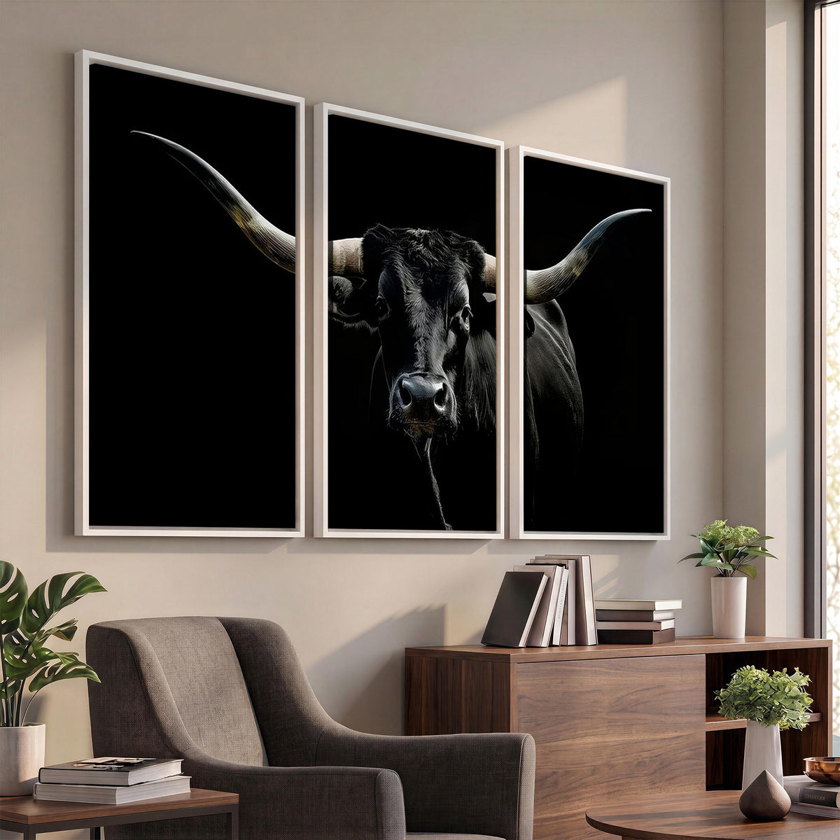20679-MGV-CV-24X16 - Texas Black Longhorn Bull Wall Art Canvas Print, Western Cattle Rustic Decor