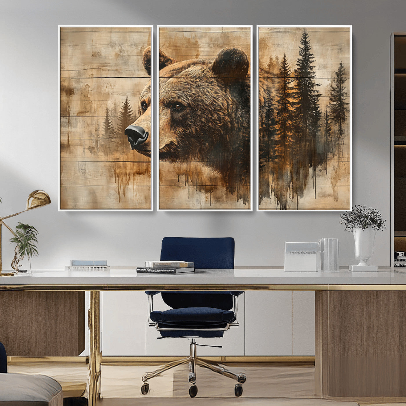 MGV-FC-48X32-3P - Rustic Grizzly Bear Wall Art, Abstract Grizzly 399 Bear Wall Art Canvas Print - Woodland Wildlife